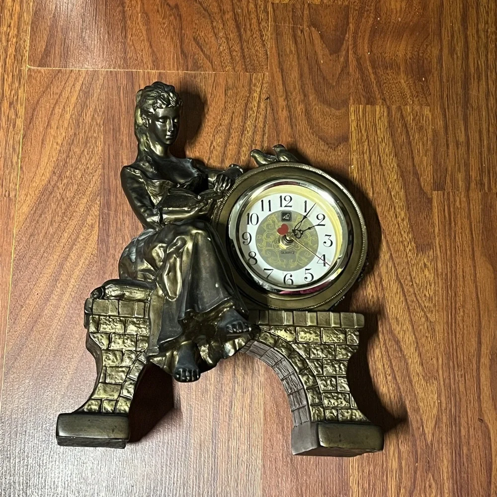 Vintage Victorian Lady Figural Clock Bronze Tone Mantel Decor Taiwan ‼️WORKS‼️